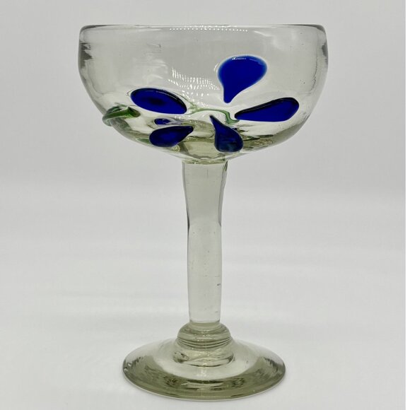 Handblown Margarita Glasses Cobalt Blue and Green Swirls Made in Mexico Set of 2 - Picture 5 of 14